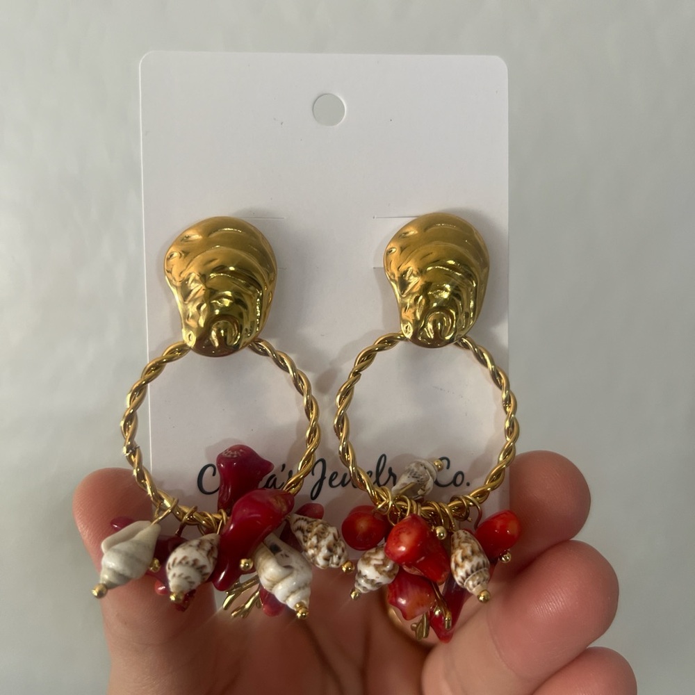 Gold and Red Dangle Earrings